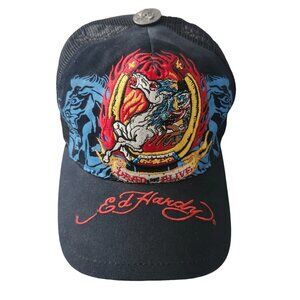 Ed Hardy Vintage Embroidered Snap Back Hat-Black